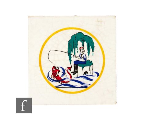 A Carter Tiles (Poole Pottery) dust pressed 6 inch tile, circa 1950, featuring a design by Edward Bawden from the Sporting se