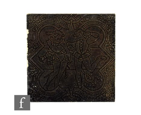 An E. Smith &amp; Co Coalville 6 inch dust pressed tile, with an outlined stamped design depicting two dancing figures, inscr