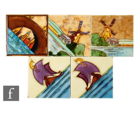 A 20th Century 4 inch dust pressed tile attributed to A. J. Wade, with stylised tube line decoration depicting a ship at sea,