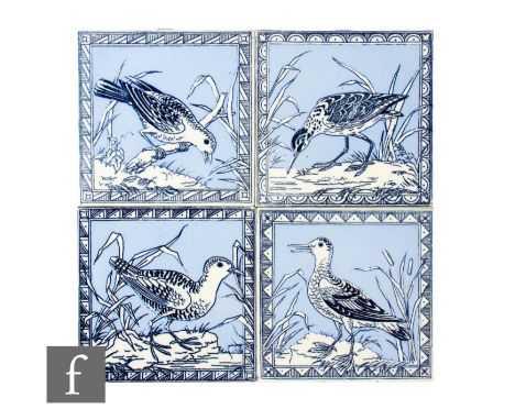 A set of four 19th Century Minton Hollins &amp; Co 6 inch dust pressed tiles, Ornithological studies, attributed to R W Edis,