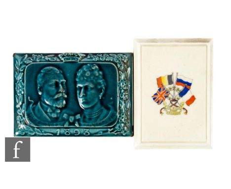 Two 19th Century dust pressed commemorative tiles, including the wedding of The Duke of York and Princess Mary 1893, teal gla