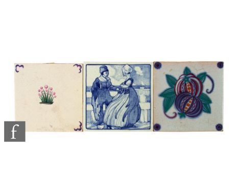 Three 20th Century 5 inch dust pressed tiles, including Carter Stable and Adams, hand painted in tonal green, blue and red ov