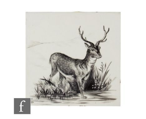 A 19th Century Doulton &amp; Co Lambeth 6 inch dust pressed tile, monochrome painted over white ground, decorated with a wadi
