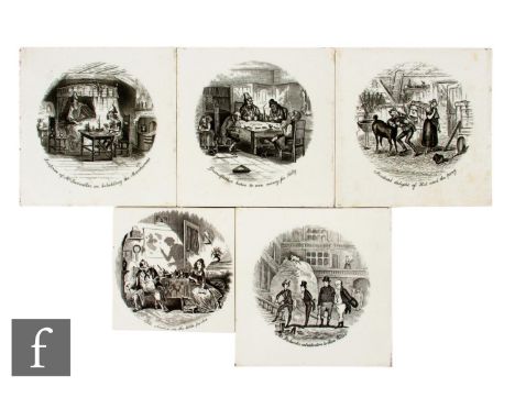 A set of eight 19th Century 6 inch dust pressed Dickensian tiles, attributed to R &amp; R Booth, from a series Scenes from Di