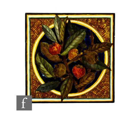 A late 19th Century W. B. Simpson &amp; Sons 8 inch dust pressed tile, hand painted with a stylised orange tree branch over a