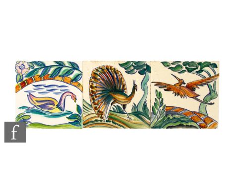 A 20th Century&nbsp;Rhodes Tile Co 6 inch dust pressed tile, decorated with hand painted design depicting a stylised peacock 