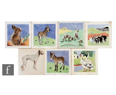 A collection of 20th Century Dunsmore Tiles dust pressed 6 inch tiles, each decorated with farmyard scenes or animals, mostly