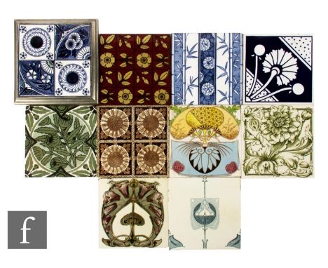 A late 19th Century Maw &amp; Co 6 inch dust pressed tile, transfer printed in blue over white in the Flower and Fans pattern