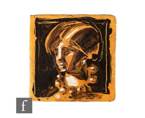 A 20th Century Fulham Pottery Quentin Bell 6 inch hand moulded tile decorated with a sgraffito three quarter profile portrait