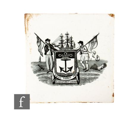 A 19th Century 6 inch plastic clay tile, transfer printed monochrome over white ground, decorated with the mariner's arms wit