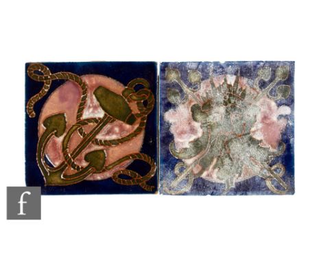 A pair of early 20th Century Carter &amp; Co (Poole Pottery) 6 inch plastic clay tiles, both tube line decorated, one with Ne