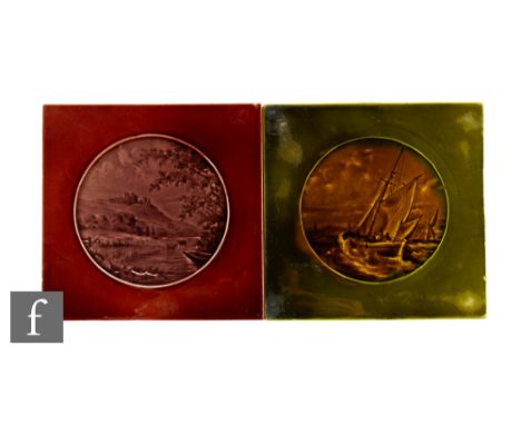 A pair of late 19th Century Burmantofts 6 inch plastic clay tiles, each decorated with a central roundel, one showing sailing