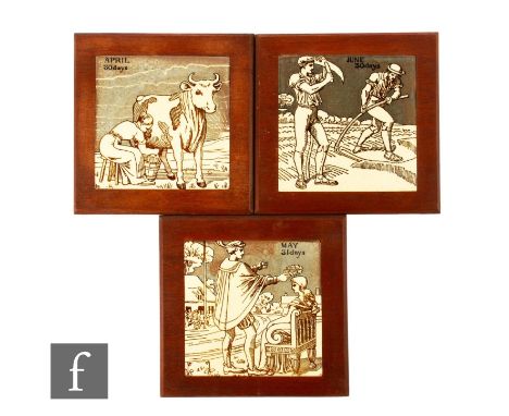 A set of three 19th Century Maw &amp; Co 6 inch dust pressed tiles from the Months of the Year series depicting April, May an