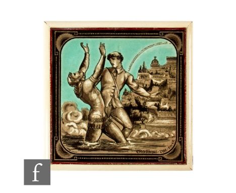 A 19th Century Minton Hollins &amp; Co 9 inch dust pressed tile stand, transfer printed with an image from the Pilgrims Progr