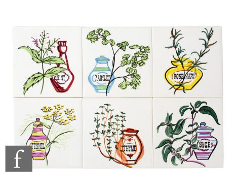 A set of 6 Carter Tiles &amp; Co 6 inch dust pressed tiles circa 1960, all hand painted by Margaret Matthews with various her