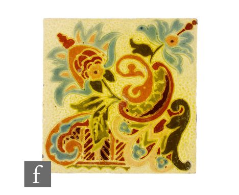 An Alex Lander 6 inch dust pressed tile, with faux tube line stylised floral and scroll decoration in blue, orange, green and