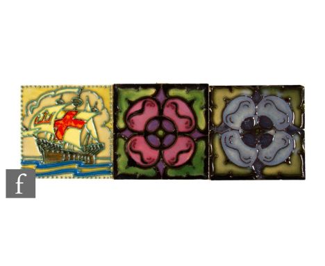 A 1930s Pilkington's 4 inch dust pressed tile, tube line decorated with a galleon in full sail at sea against clouds, after d