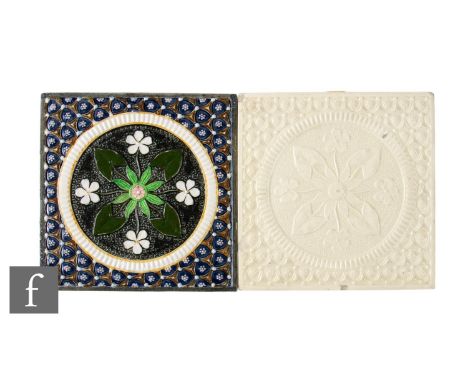 A 19th Century Copeland 6 inch plastic clay tile, relief moulded with a stylised foliate roundel within a circular border aga
