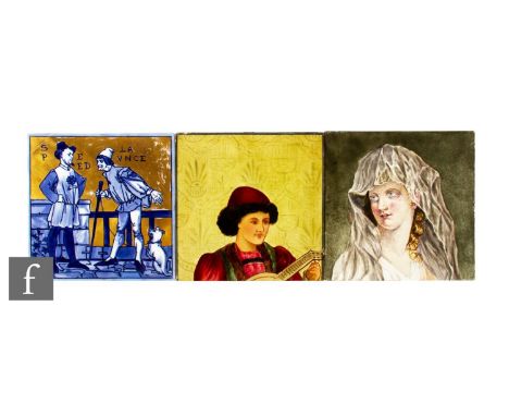 A 19th Century Copeland 8 inch plastic clay tile from the Shakespeare series, transfer printed in tonal underglaze blue with 