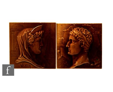A pair of 19th Century 6 inch dust pressed tiles attributed to Burmantofts, each moulded in relief with a portrait of Vesta t