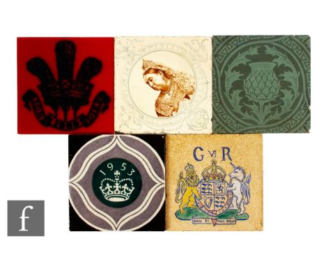 A collection of 19th and 20th Century commemorative dust pressed and tiles to include a Rye Tile celebrating the Investiture 