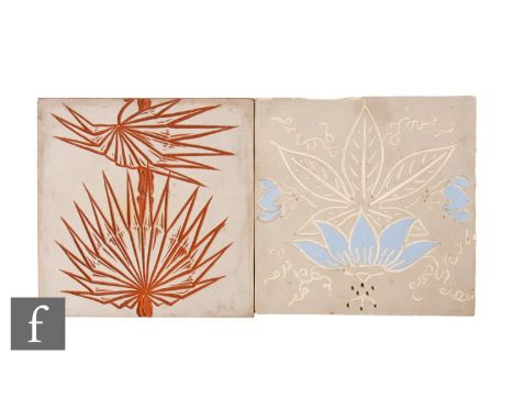 A 20th Century Maw &amp; Co. Broseley Salop 6 inch dust pressed terracotta tile, decorated with sgraffito stylised spikey lea