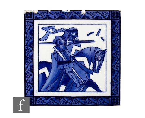 A 19th Century W T Copeland 8 inch plastic clay tile, transfer blue printed over white ground, depicting a knight jousting wi