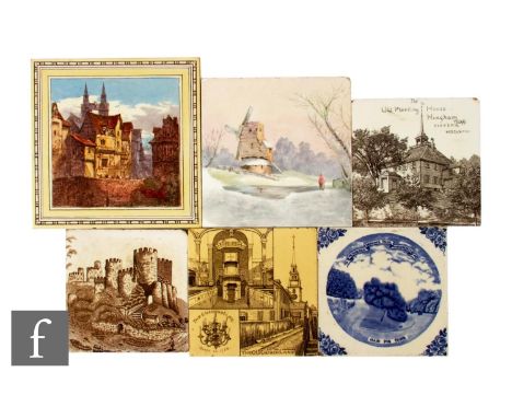 A collection of six assorted dust pressed tiles, each with a landscape scene, mostly 6 inch, some for the US market, to inclu