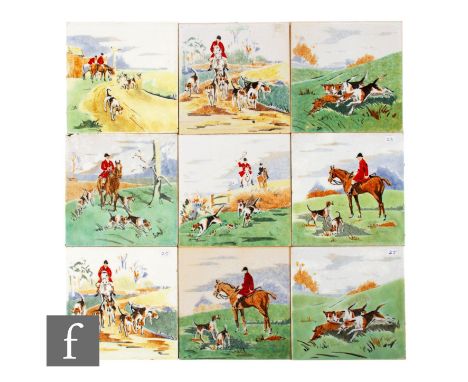 Fourteen 20th Century Minton 6 inch dust pressed tiles, each hand painted over stenciled decoration depicting hunting scenes,