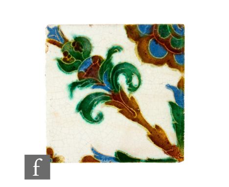 A 19th Century Medmenham 6 inch plastic clay tile with Isnik style foliate decoration, faux tube lined and glazed in brown, g