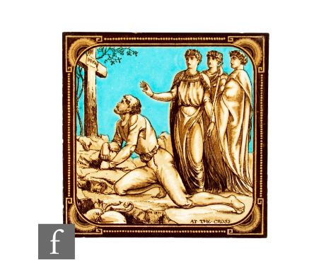 A Minton Hollins &amp; Co dust pressed 8 inch tile titled At The Cross designed by John Moyr Smith as part of the Bunyan's Pi