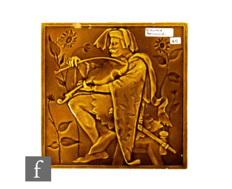 A 19th Century Minton's China Works 8 inch dust pressed tile, relief modelled with a musician in medieval dress picked out in