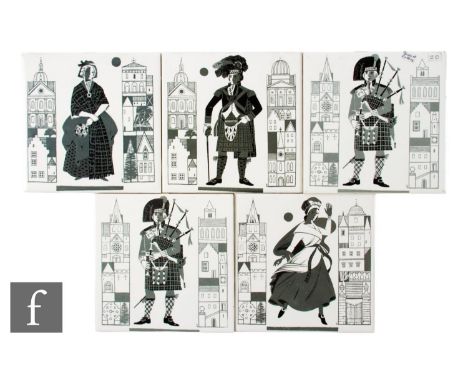 A collection of five 20th Century H &amp; R Johnson Ltd 6 inch dust pressed tiles, printed in black and grey over white with 