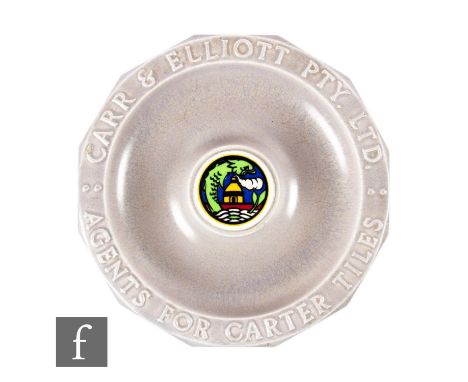 A 1930s Poole Pottery advertising dish for Carr &amp; Elliott Pty Ltd - Agents for Carter Tiles, with relief moulded letterin