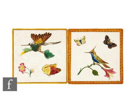 A pair of 19th Century 6 inch glazed ceramic tiles, each transfer printed and enamel decorated with birds, insects and botani
