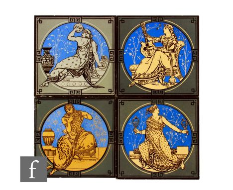 A collection of late 19th Century Mintons dust pressed 8 inch tiles, from a set of classical figures with musical instruments