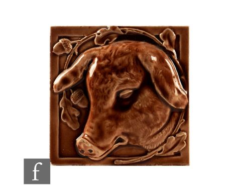 A 19th Century Gibbons Hinton (attributed) 6 inch dust pressed tile, brown majolica glaze, moulded in high relief with the he