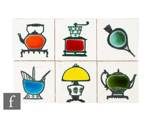 A set of Marlborough Ceramic Tile dust pressed 6 inch tiles, circa 1974, from the Glaze Effect Kitchen Series, each decorated