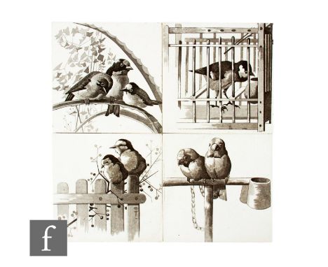 Four 19th Century Brown-Westhead Moore &amp; Co 6 inch dust pressed tiles, printed en-grisaille with caged and perched birds,