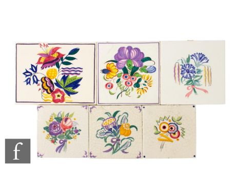 A collection of Carter &amp; Co (Poole Pottery) handpainted tiles, to include a plastic clay 5 inch tile with stylised Art De