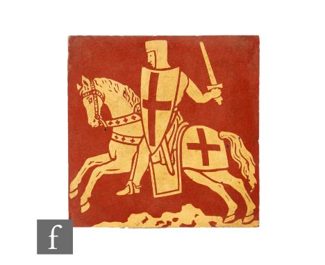 A 19th Century Minton encaustic 6 inch tile, circa 1840, decorated with a knight in horseback in buff against the red clay gr
