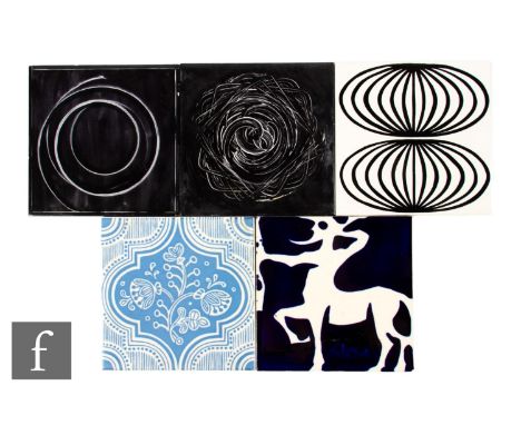 A collection of 20th Century Carter Tiles (Poole Pottery) 6 inch dust pressed tiles, to include a pair of painted abstract ti