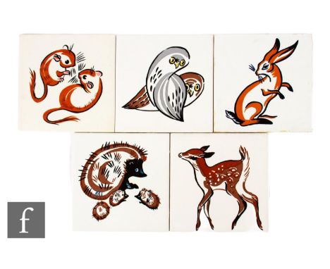 A collection of six Carter Tiles (Poole Pottery) dust pressed 6 inch tiles, from the Fauna series by Sylvia Ball, circa 1966,