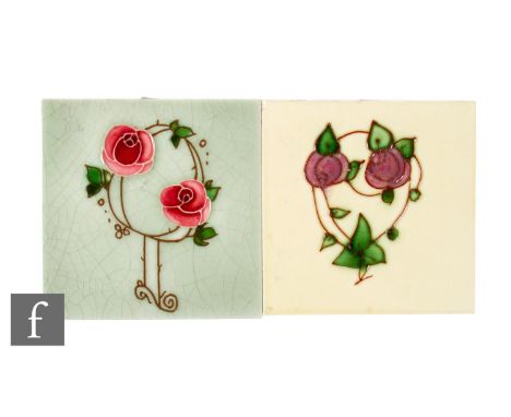 An early 20th Century 6 inch dust pressed tile, possibly Henry Richards Tiles, with faux tube lined floral design in the Art 