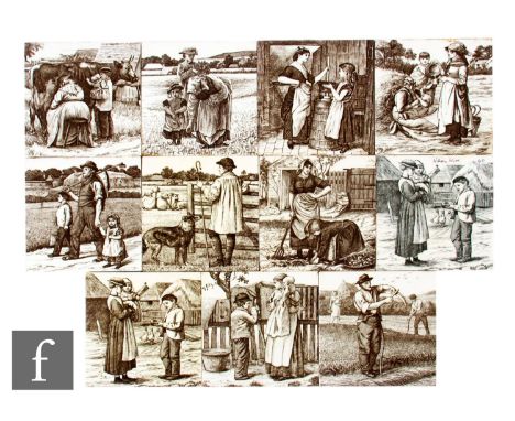A set of ten late 19th Century Mintons China Works 6 inch dust pressed tiles, transfer printed in brown over white with desig