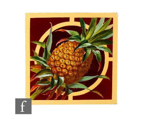 A large 19th Century Minton Hollins &amp; Co 10.5 inch dust pressed tile panel hand painted with a pineapple on stem against 