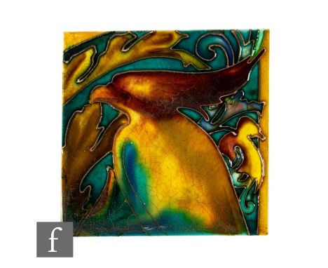 A 19th Century W B Simpson &amp; Sons 6 inch dust pressed tile, embossed and tube lined, graded yellow, brown and blue/green 