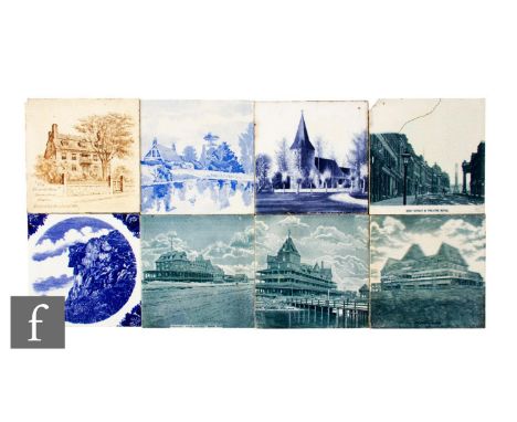 A collection of 19th Century 6 inch dust pressed tiles, including three teal transfer printed decoration over white ground, f