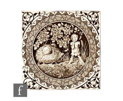 A 19th Century T &amp; R Boote dust pressed 6 inch tile, transfer printed with an Elf and Hedgehog within an aesthetic rounde
