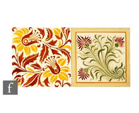 A 19th Century Minton Hollins &amp; Co 6 inch dust pressed tiles, hand painted green and burgundy over cream ground and ochre